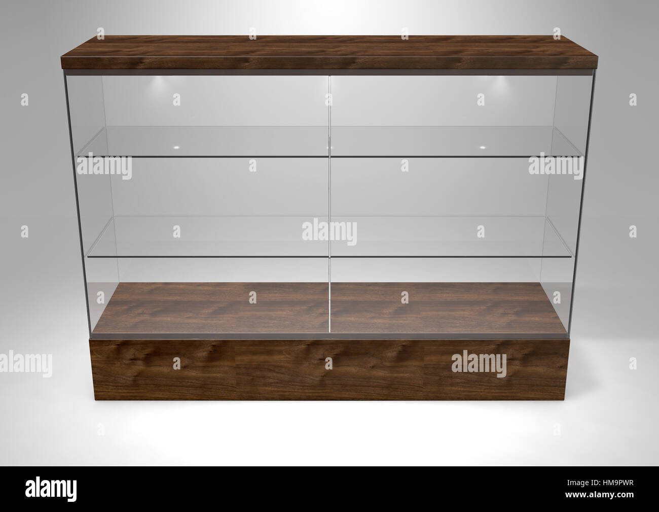 An empty rectangular glass display cabinet with a wooden base and lid and glass shelves on an isolated studio background - 3D rendering Stock Photo