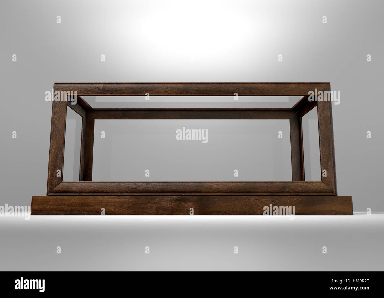 An empty glass display case with a wooden base and frame on an isolated studio background - 3D rendering Stock Photo