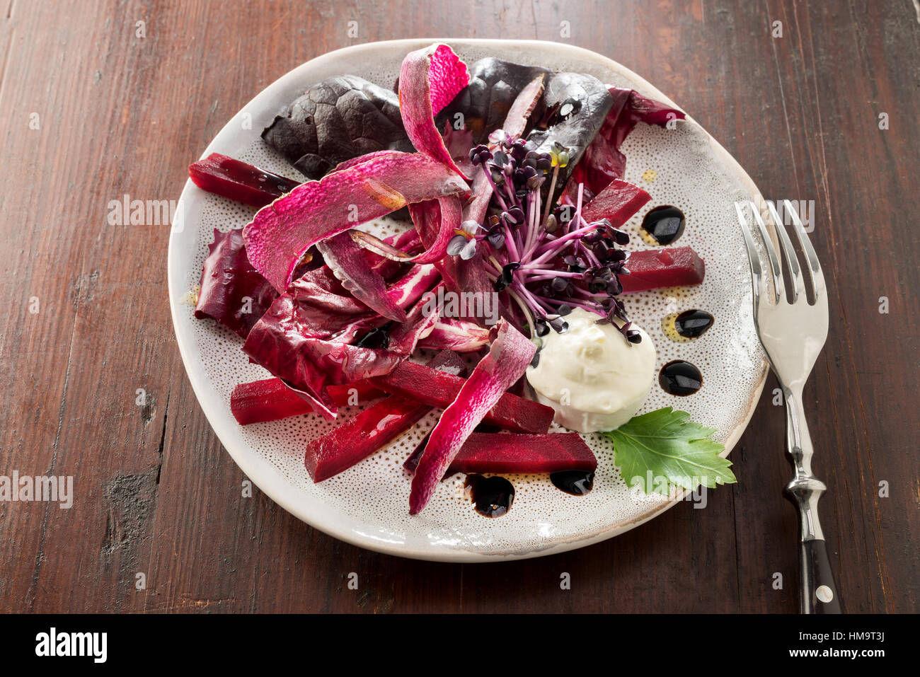 Red salads with goat's cheese on plate, vinegar oil salt pepper. sprouts Stock Photo