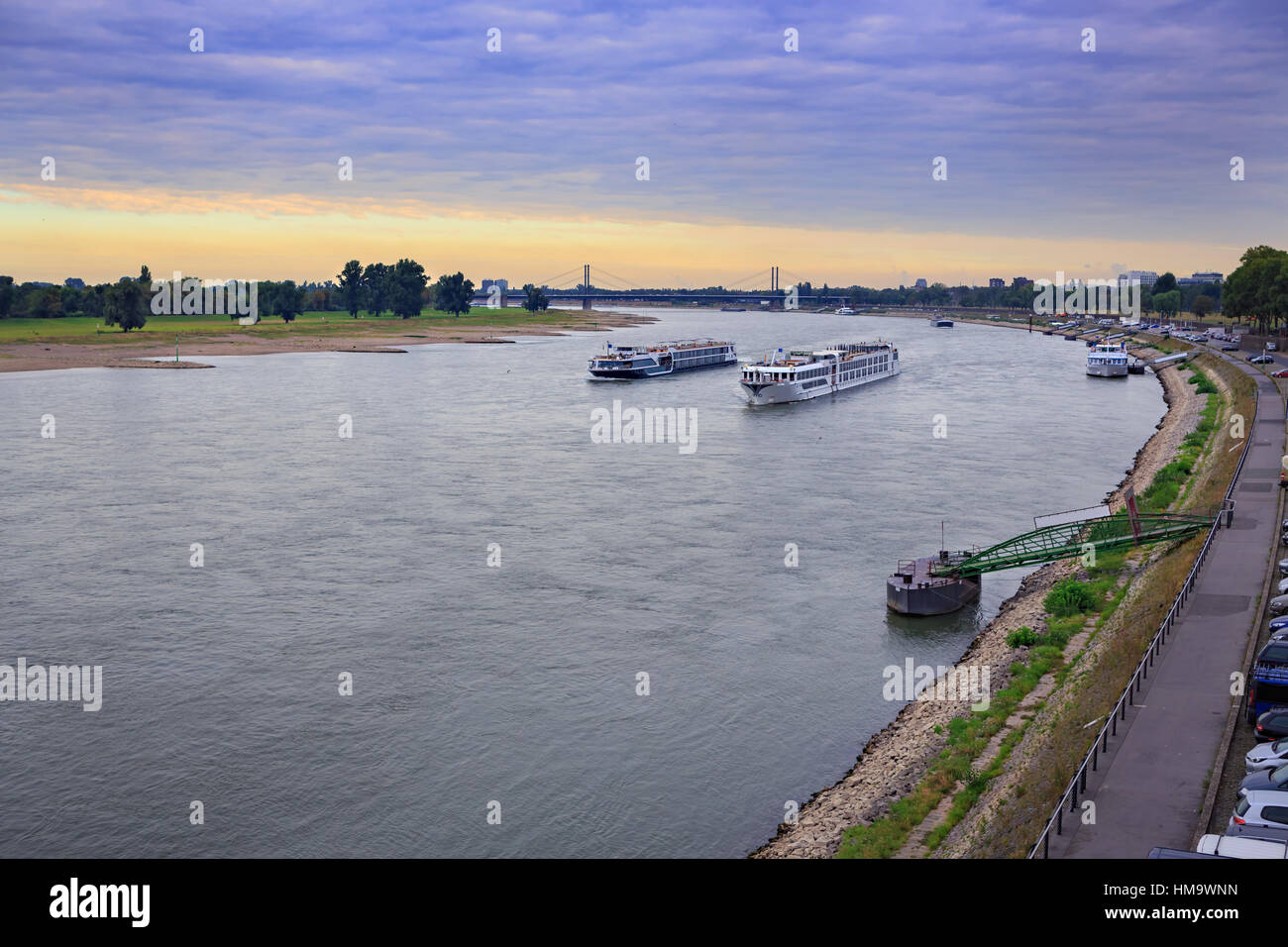 Rhine river boardwalk with view on Dusseldorf city in Germany Stock Photo