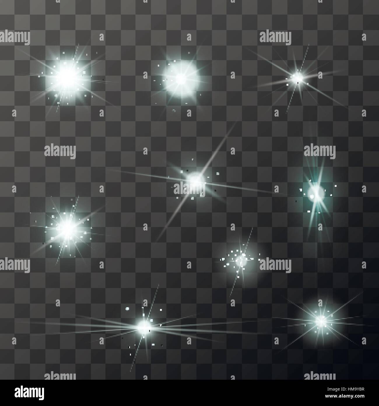 Set of different starbursts with white sparkles on transparent ...