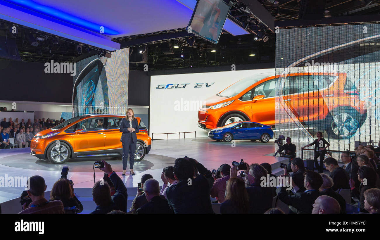 GM CEO Mary Barra / 2016 Chevrolet Bolt EV concept at the North American International Auto Show (NAIAS). Stock Photo