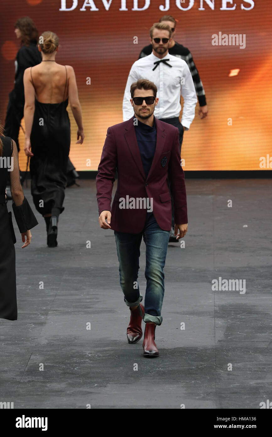 Sydney, Australia. 1st Feb, 2017. David Jones Autumn Winter 2017 collections launch rehearsal at St Mary's Cathedral Precinct. Pictured: Jason Dundas showcases designs by Calibre. Credit: Richard Milnes/Alamy Live News Stock Photo