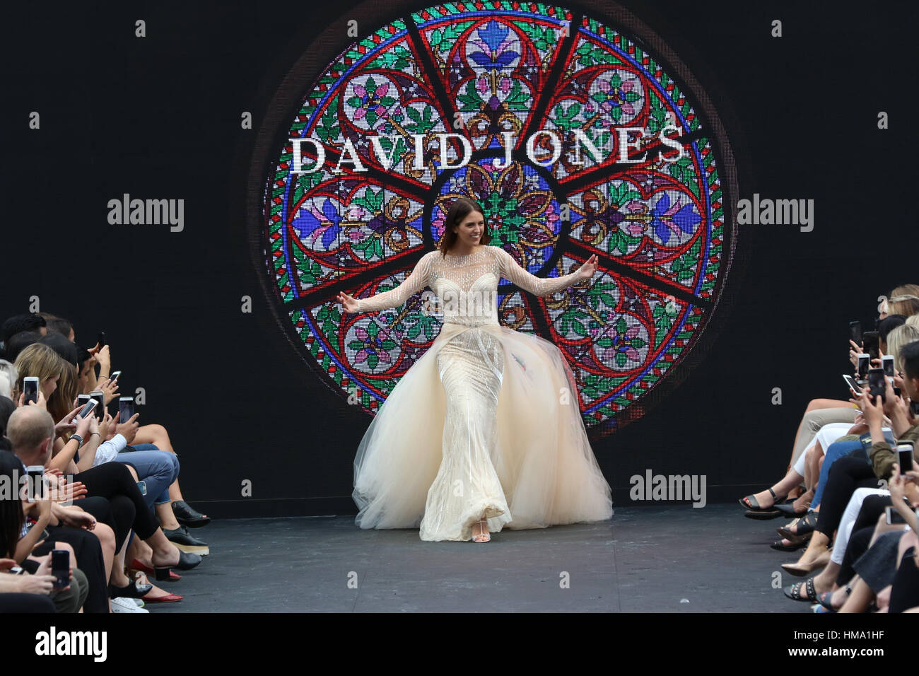 Sydney, Australia. 1st Feb, 2017. David Jones Autumn Winter 2017 collections launch rehearsal at St Mary's Cathedral Precinct. Pictured: Jesinta Campbell showcases designs by Monique Lhuillier. Credit: Richard Milnes/Alamy Live News Stock Photo
