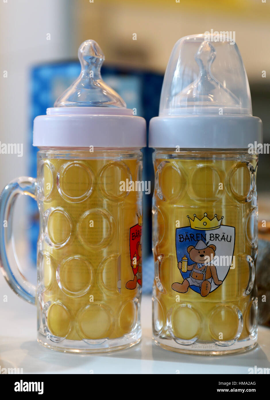Nuremberg, Germany. 1st Feb, 2017. Baby bottles in the shapes of beer  tankards can be seen at the stand of the German manufacturer "Paul der  Baer" at the 68th international Toy fair