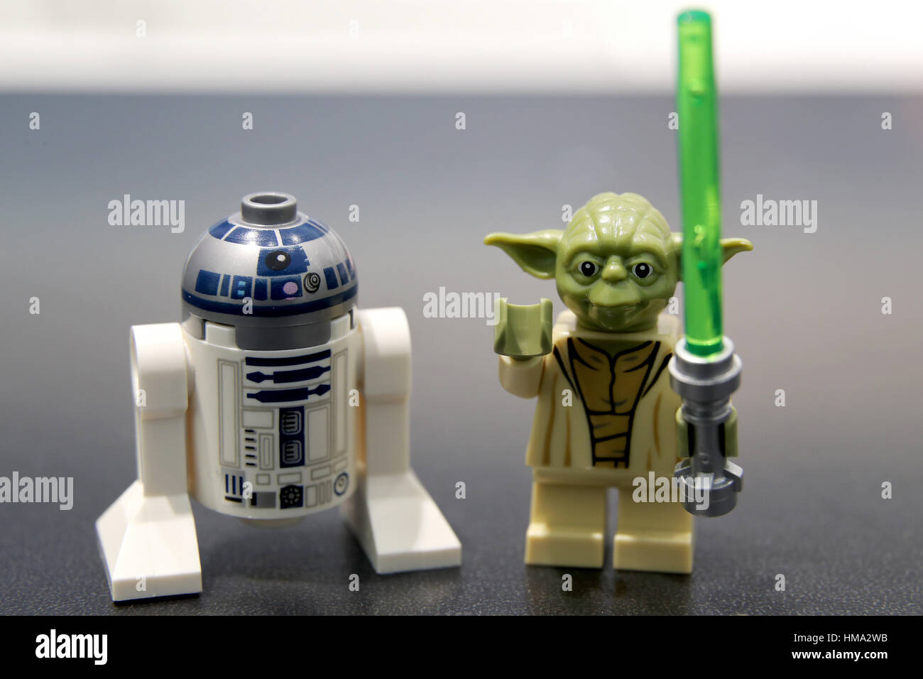 Nuremberg, Germany. 1st Feb, 2017. The Star Wars figurines R2-D2 (L) and Yoda can be seen at the stand of the manufacturer 'Lego' at the 68th international Toy fair in Nuremberg, Germany, 1 February 2017. The world's largest toy fair takes place during the 1 and the 6 February 2017. Photo: Daniel Karmann/dpa/Alamy Live News Stock Photo