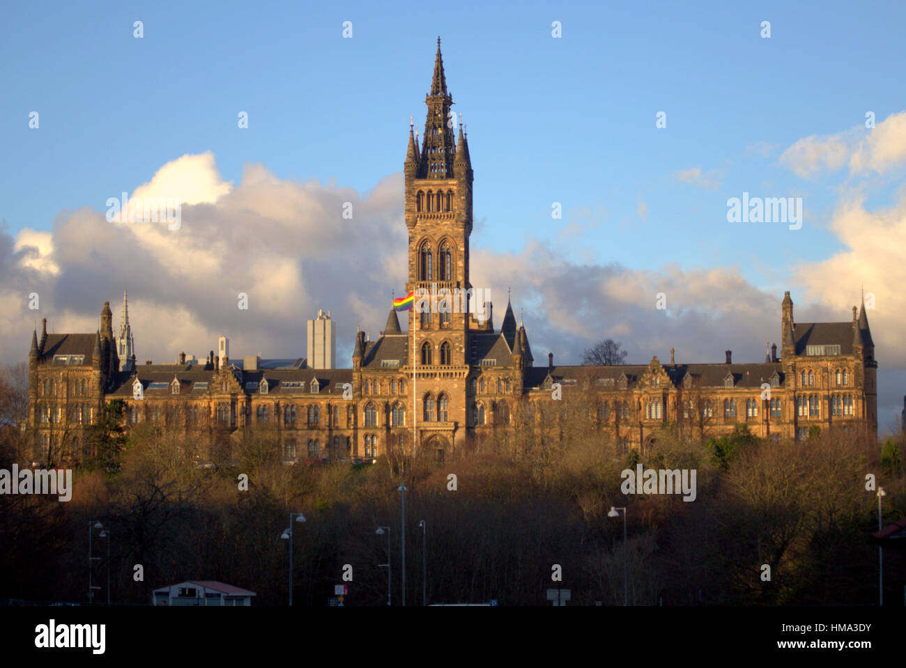 Glasgow, Scotland, UK. 1st February 2017. Glasgow University once more is raising the Rainbow Flag in celebration of LGBT History Month. The large Rainbow Flag will be flown for the first week on the main South Front flag pole which gives it great exposure. Credit: Gerard Ferry/Alamy Live News Stock Photo