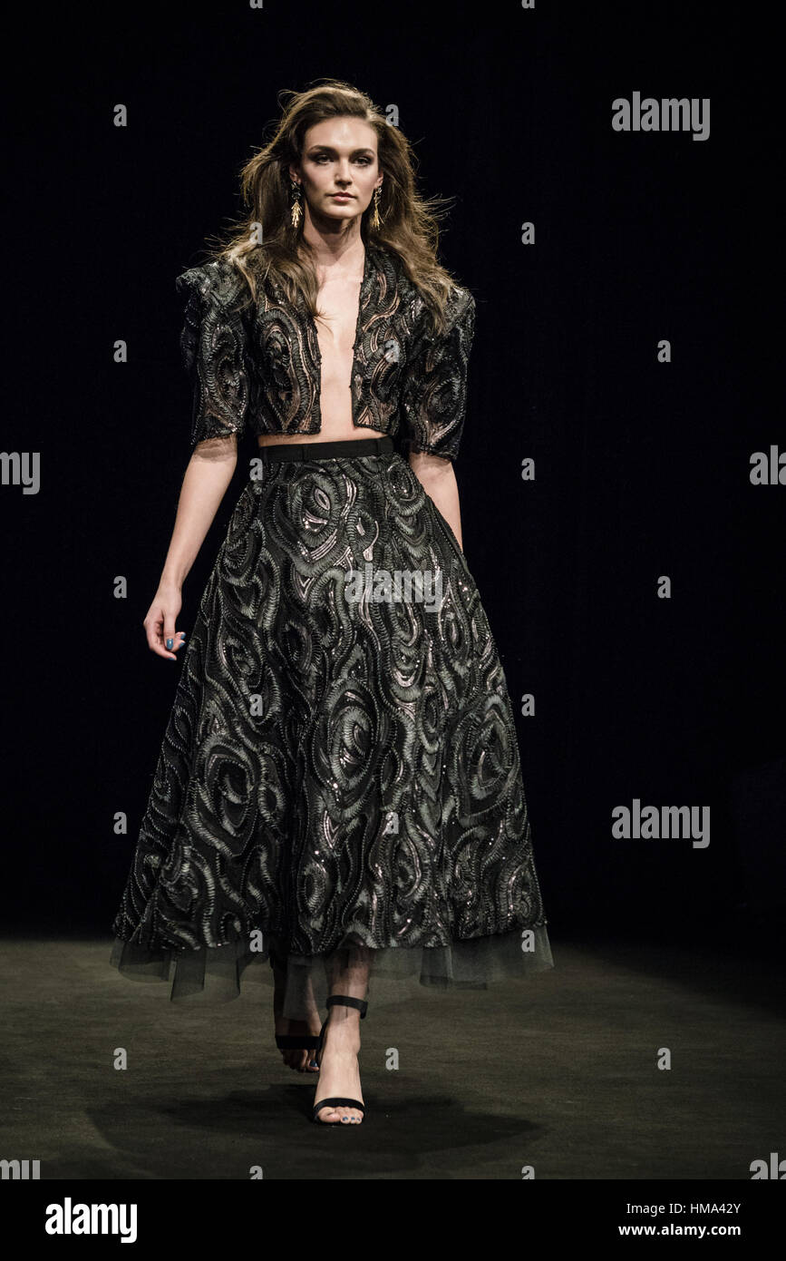 Barcelona, Catalonia, Spain. 1st Feb, 2017. A model walks the runway at the ZE Garcia fashion show presenting the new 'Dualismo' collection during 080 Barcelona Fashion Week Credit: Matthias Oesterle/ZUMA Wire/Alamy Live News Stock Photo