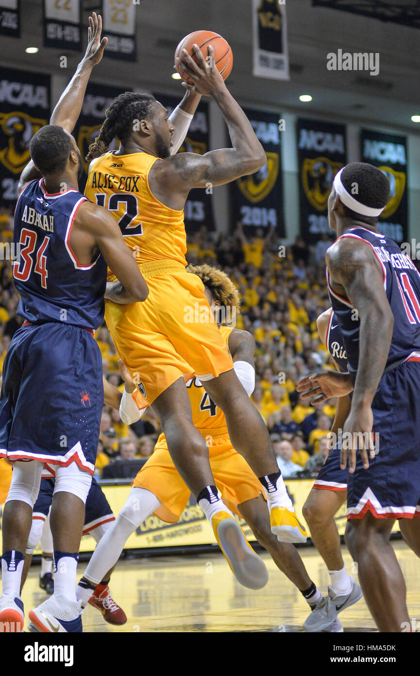 Richmond, USA. 1st Feb, 2017. Mo Alie-cox (12) jumps up for a pass during the second half of the game held at E.J. Wade Arena at the Stuart C. Siegel Center, Richmond, Virginia. Credit: Amy Sanderson/ZUMA Wire/Alamy Live News Stock Photo