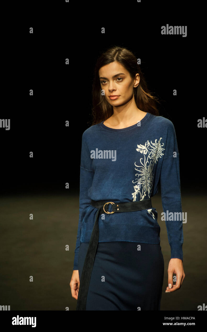 Spain, Barcelona. 2nd Feb, 2017. A model walks the runway for the 'Lebor Gabala' collection at the Barcelona 080 Fashion Week Autumn/Winter 2016/2017 at the Teatre Nacional de Catalunya in Barcelona. Credit: Charlie Perez/Alamy Live News Stock Photo