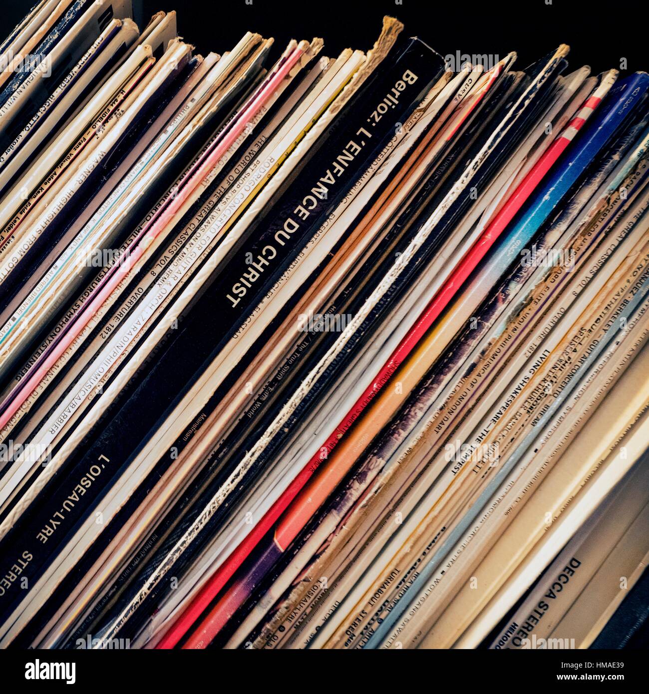 Old vinyl records on shelf Stock Photo Alamy
