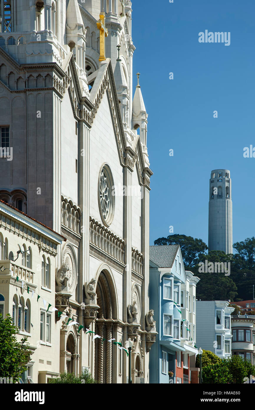 Saints Peter and Paul Church facade and Coit Tower, San Francisco, California USA Stock Photo