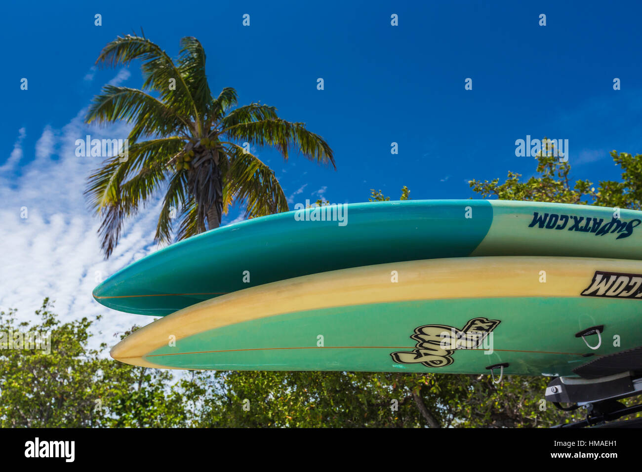 Stand Up Paddleboards atop a car in Bahia Honda State Park, Florida Keys, USA Stock Photo