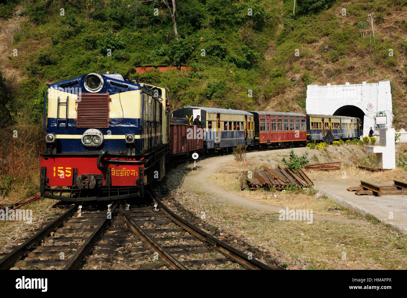 The mountain toy train from Kalka to Shimla. It is tourist attraction in India, with beautiful wiev on the Hymalaya mountains. UNESCO Stock Photo
