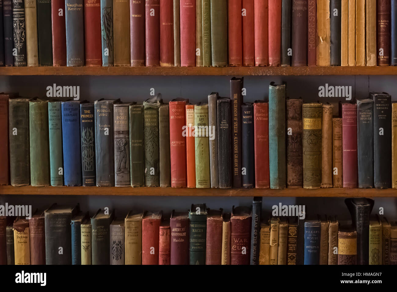 Old library shelves in the trading post, Hubbell Trading Post National Historic Site within the Navajo Nation, Arizona, USA Stock Photo