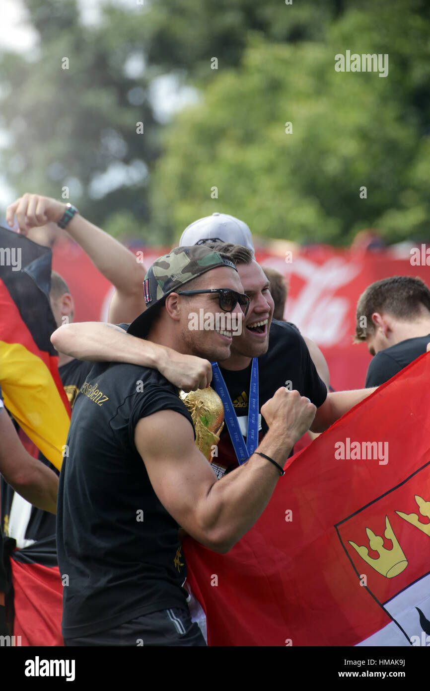 German National Football team and chief coach Löw celebrate FIFA World Cup Championship on July, 15th 2014 in Berlin, Germany. Stock Photo