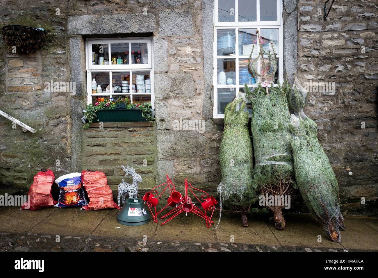 Three christmas trees and several objects, leaning outside of a Hardware shop window