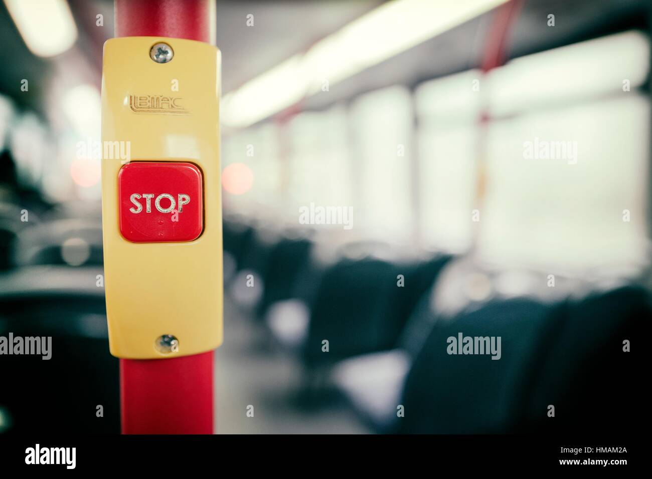 Stop button in bus, London, England Stock Photo - Alamy