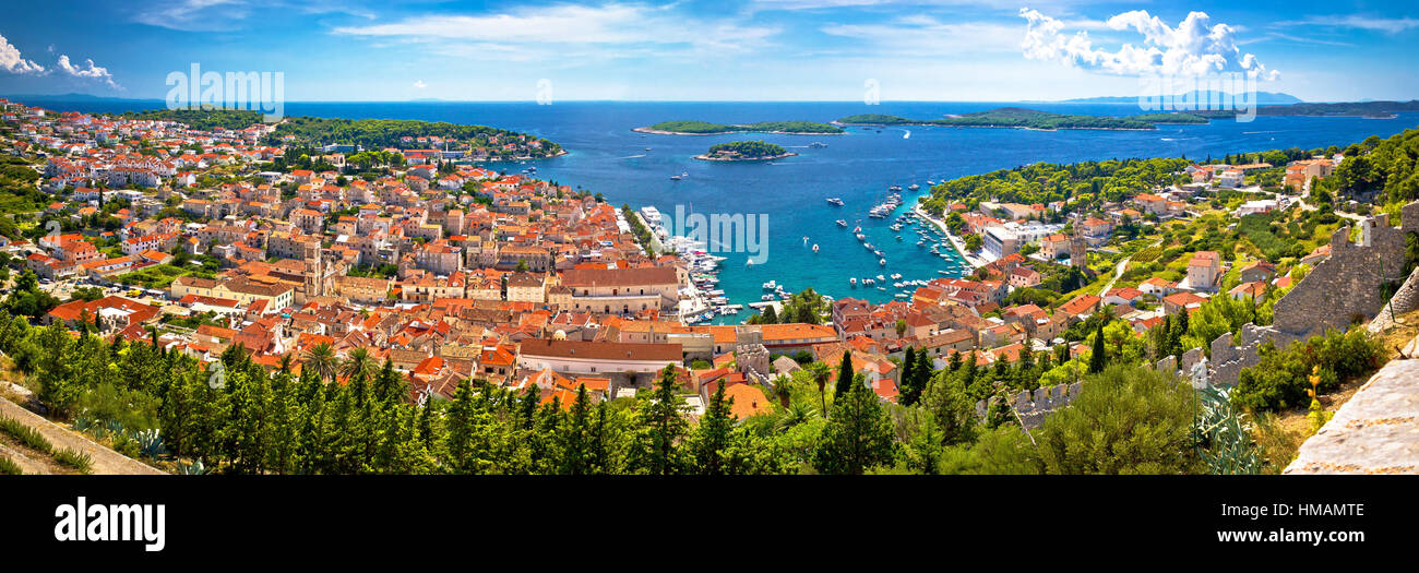 Island of Hvar bay aerial panoramic view, Dalmatia, Croatia Stock Photo