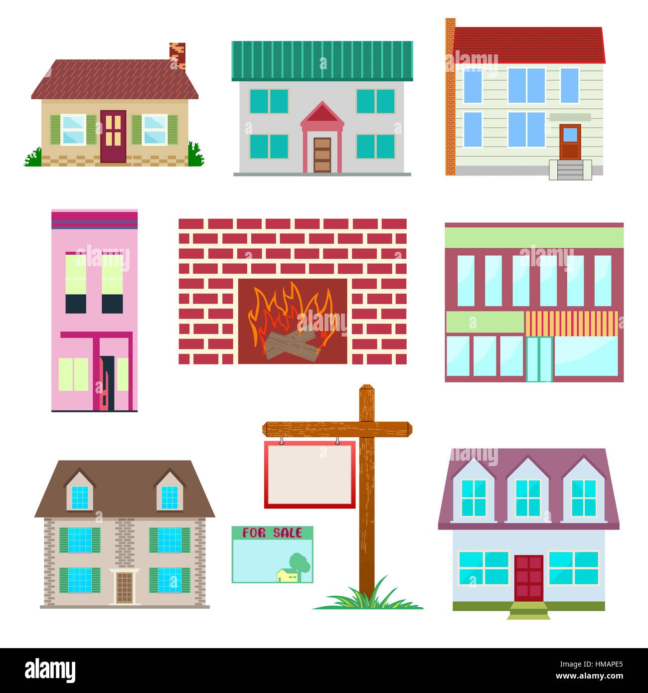 House set , colourful home icon collection. Private residential architecture, house being sale or rent. Stock Vector