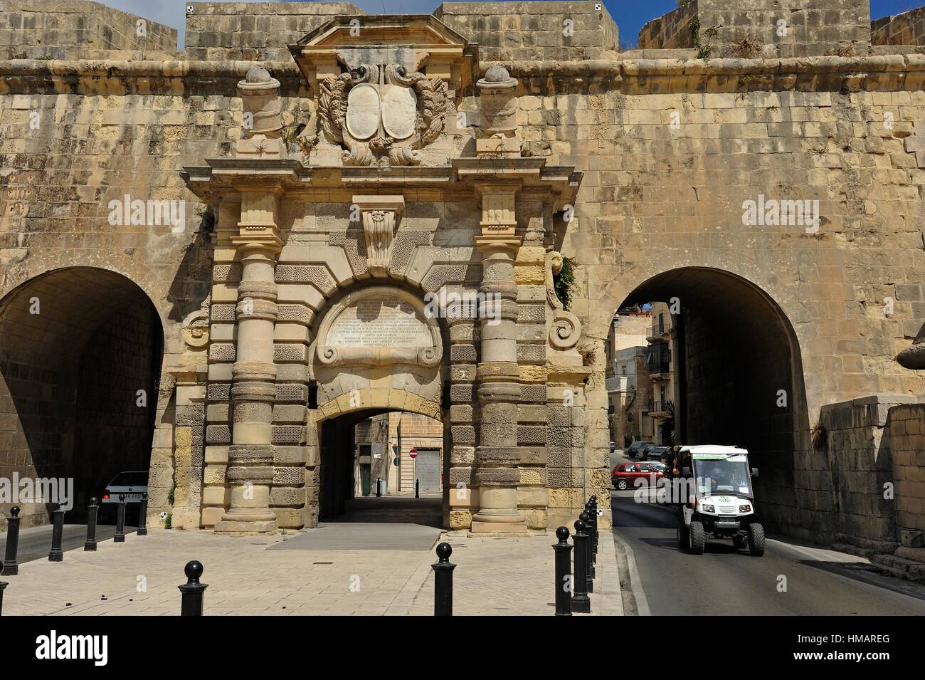 Discovery Tour with a little electric powered car (Rolling Geeks), here the  St. Helena´ s Gate on the Margerita Lines, Cospicua, Valletta, Malta Stock  Photo - Alamy