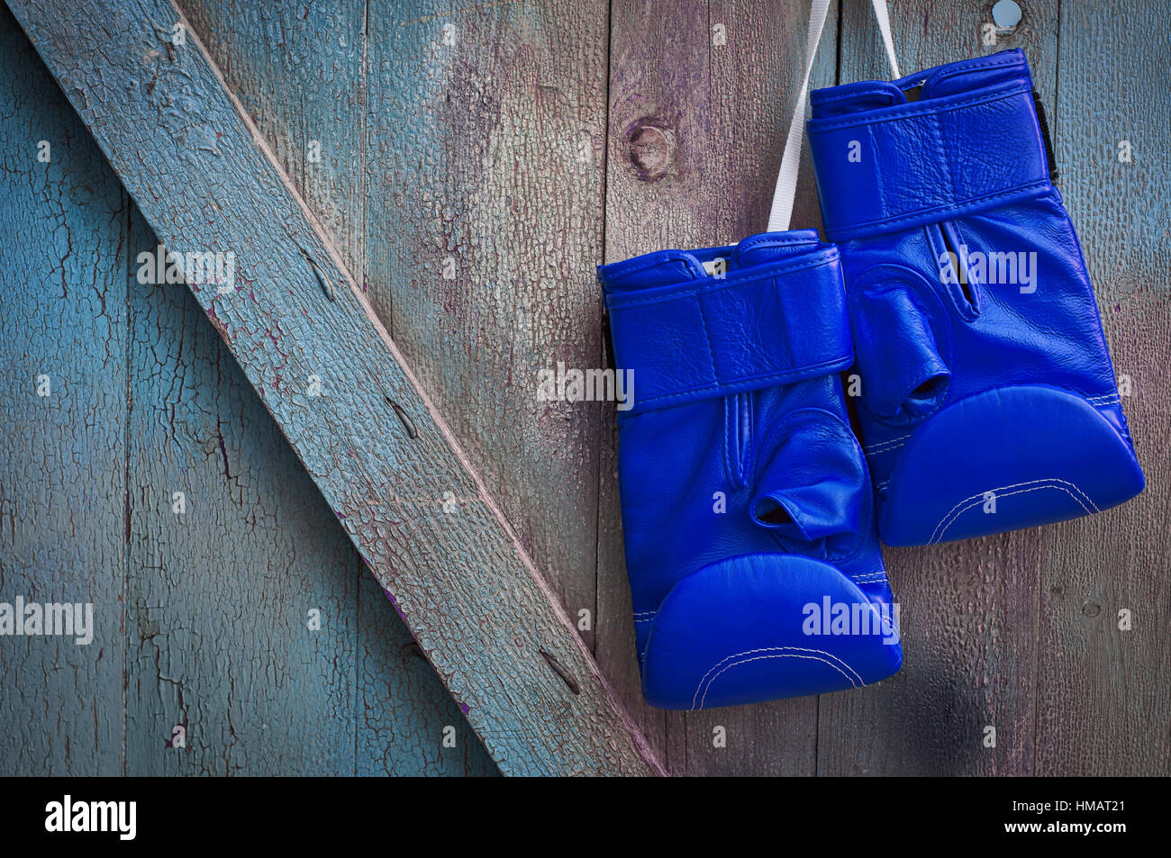 Blue leather boxing gloves hanging on a cord on a nail white, blue