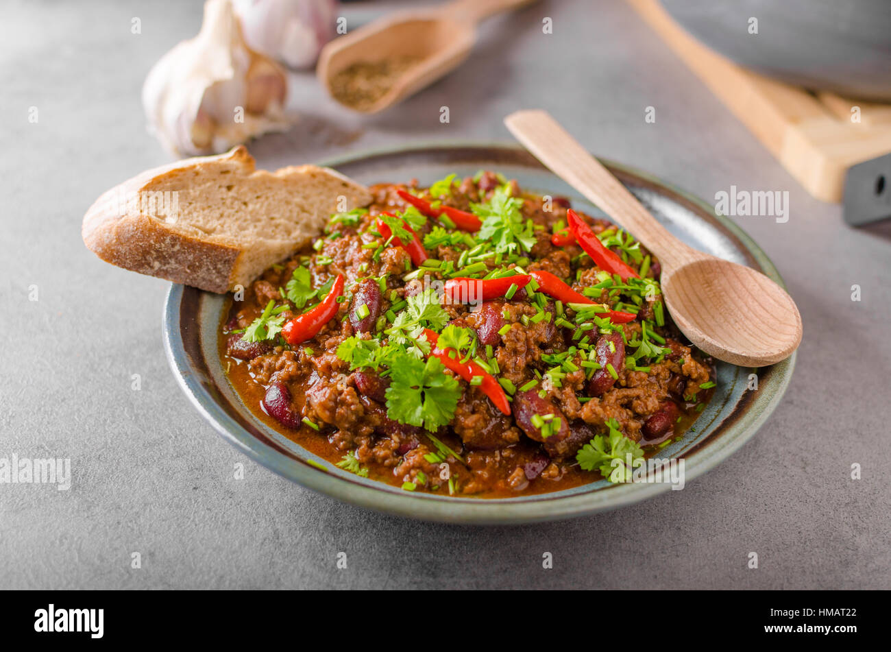 Delicious chilli con carne, lots of fresh herbs inside and fresh chilli