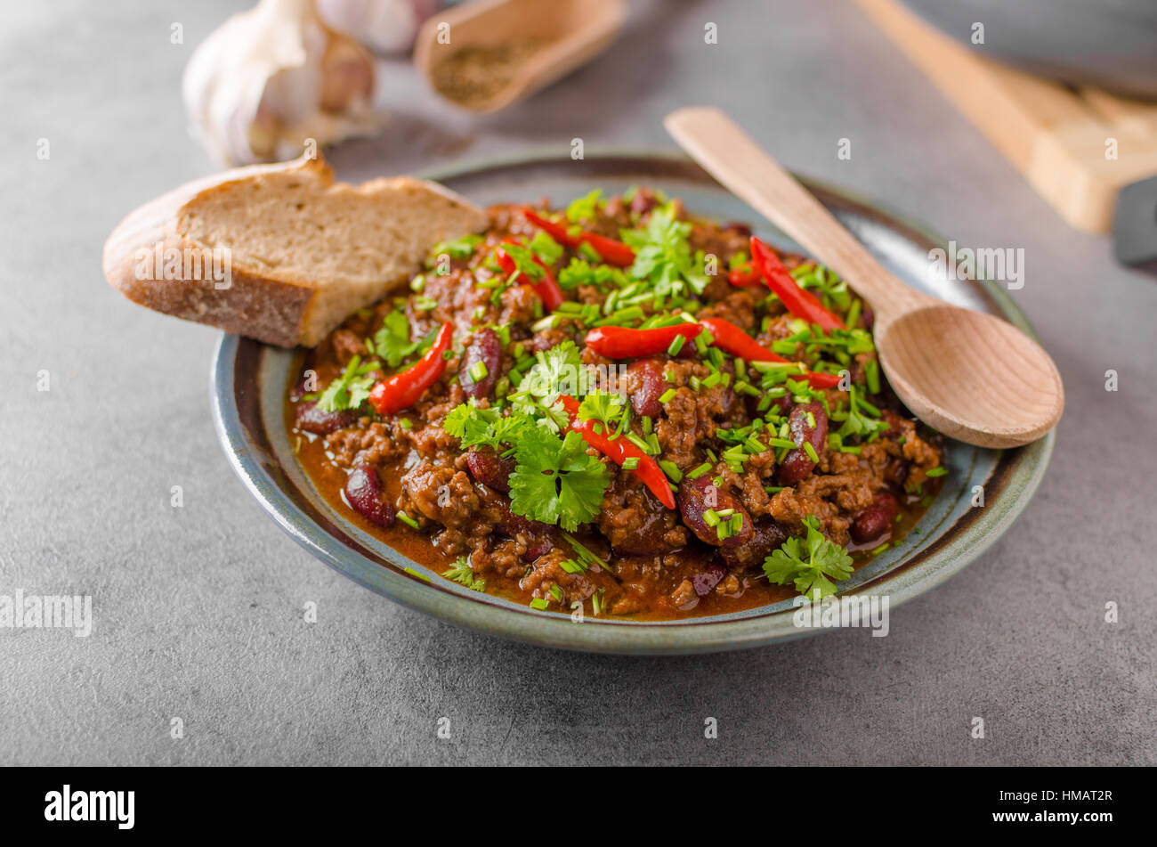 Delicious chilli con carne, lots of fresh herbs inside and fresh chilli