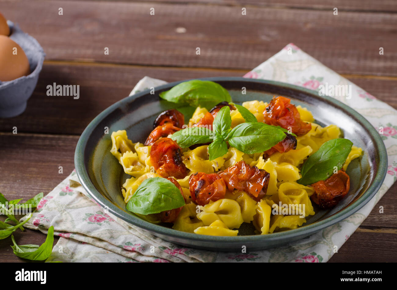Tortellini with roasted vegetable and herbs, homemade pasta semolina
