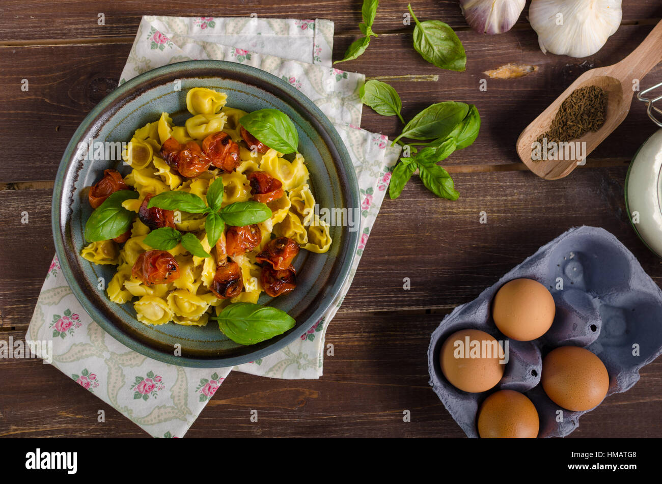 Tortellini with roasted vegetable and herbs, homemade pasta semolina