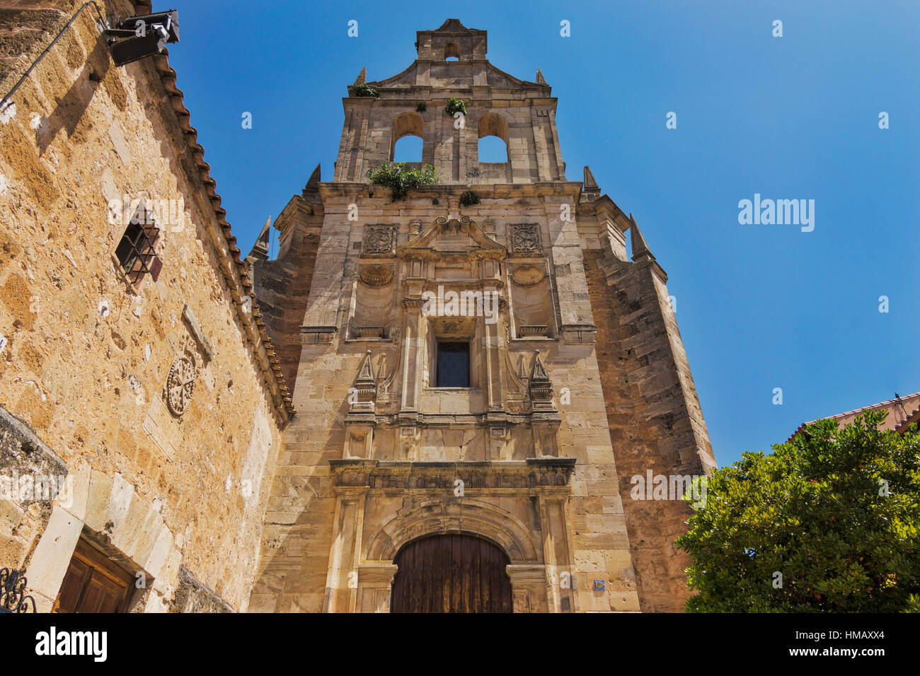 Low angle view of Bell gable of  San Blas Convent, Cifuentes, Guadalajara, Castilla la Mancha, Spain. Stock Photo