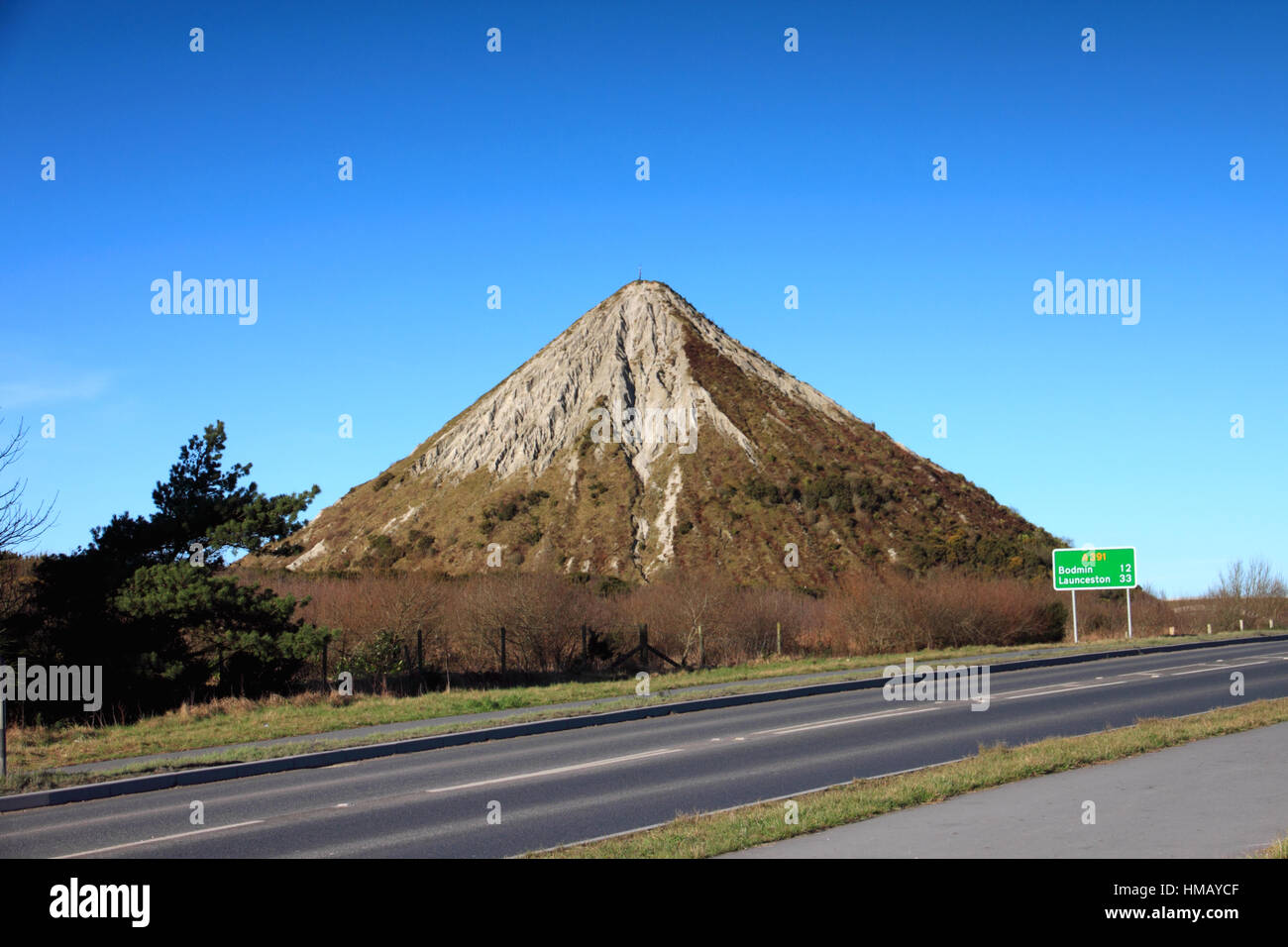 The Skytip, St Austell, Cornwall, is a pyramid of china clay waste typical of the landscape in the area 40 years ago.  Today the waste tips are landsc Stock Photo