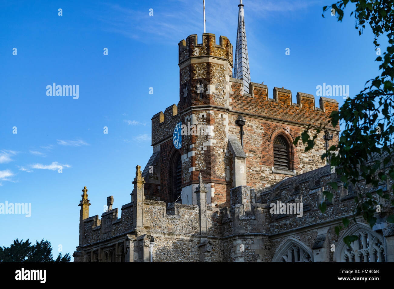 Clock tower of St Marys Church, Hitchin, Hertfordshire Stock Photo