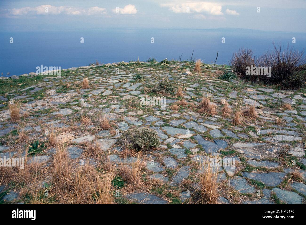 Stone-paved plateau with panoramic views of Argolis, Peloponnese, Greece. Stock Photo