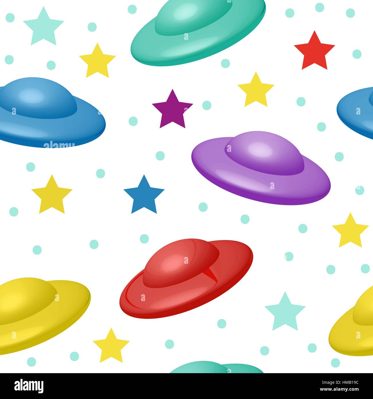 Vetor de Cosmic background. UFO, alien in love seamless pattern in doodle  style. Children's contour illustrations with Flying Saucers. Print sample  for fabric, wallpaper do Stock