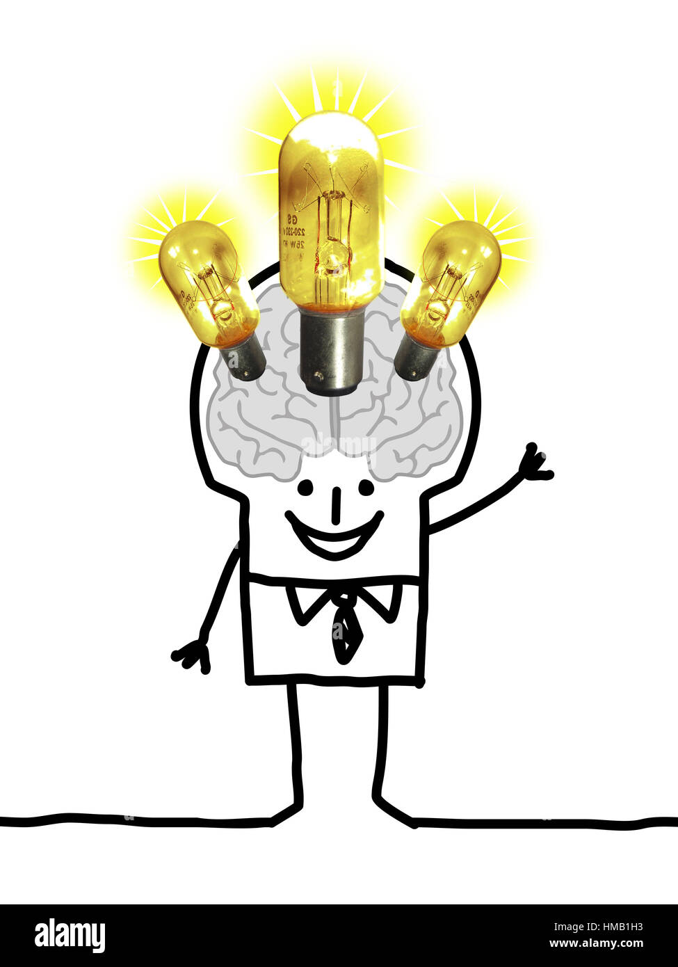 Cartoon Big Brain Man - lights and ideas Stock Photo