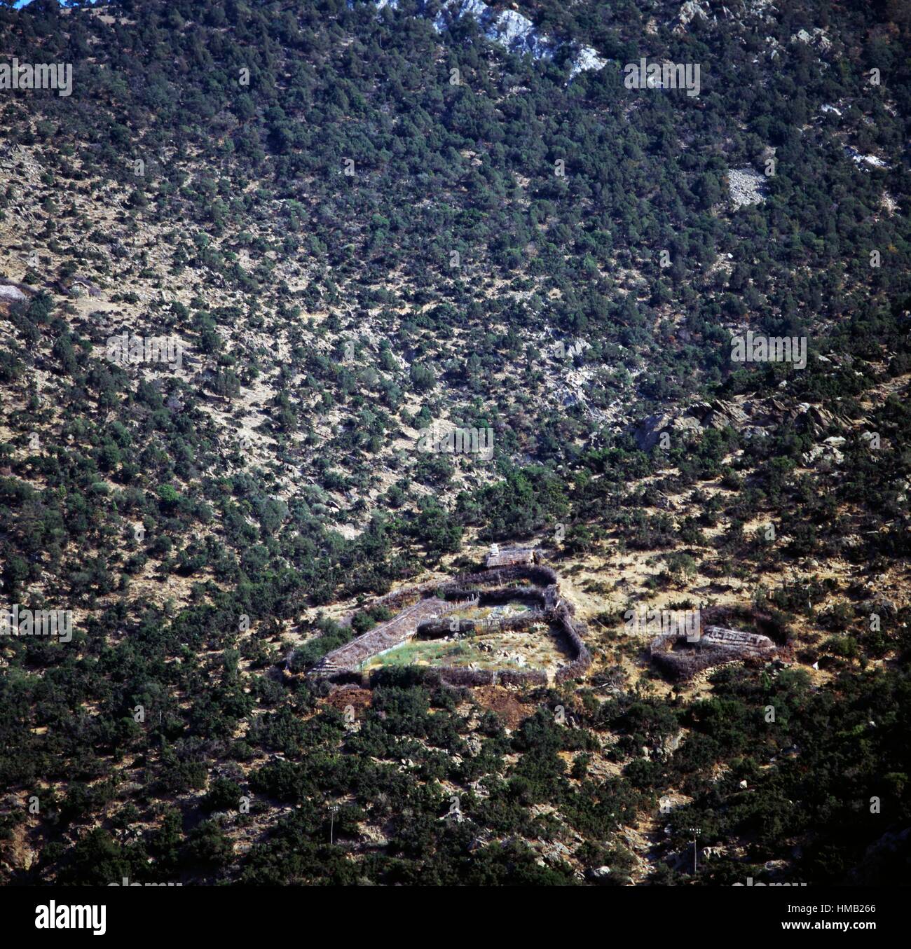 Building in a valley near Polyanthos, Eastern Macedonia and Thrace, Greece. Stock Photo