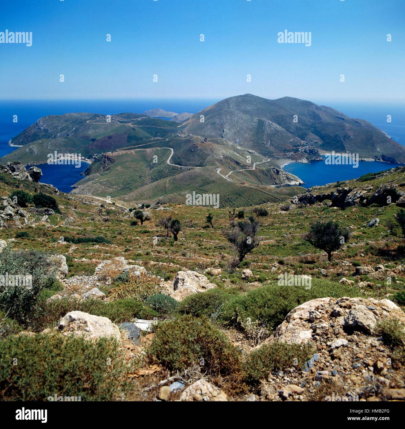 The rolling hills which separate Porto Kagio, left, from Marmari, Mani peninsula, Peloponnese, Greece. Stock Photo