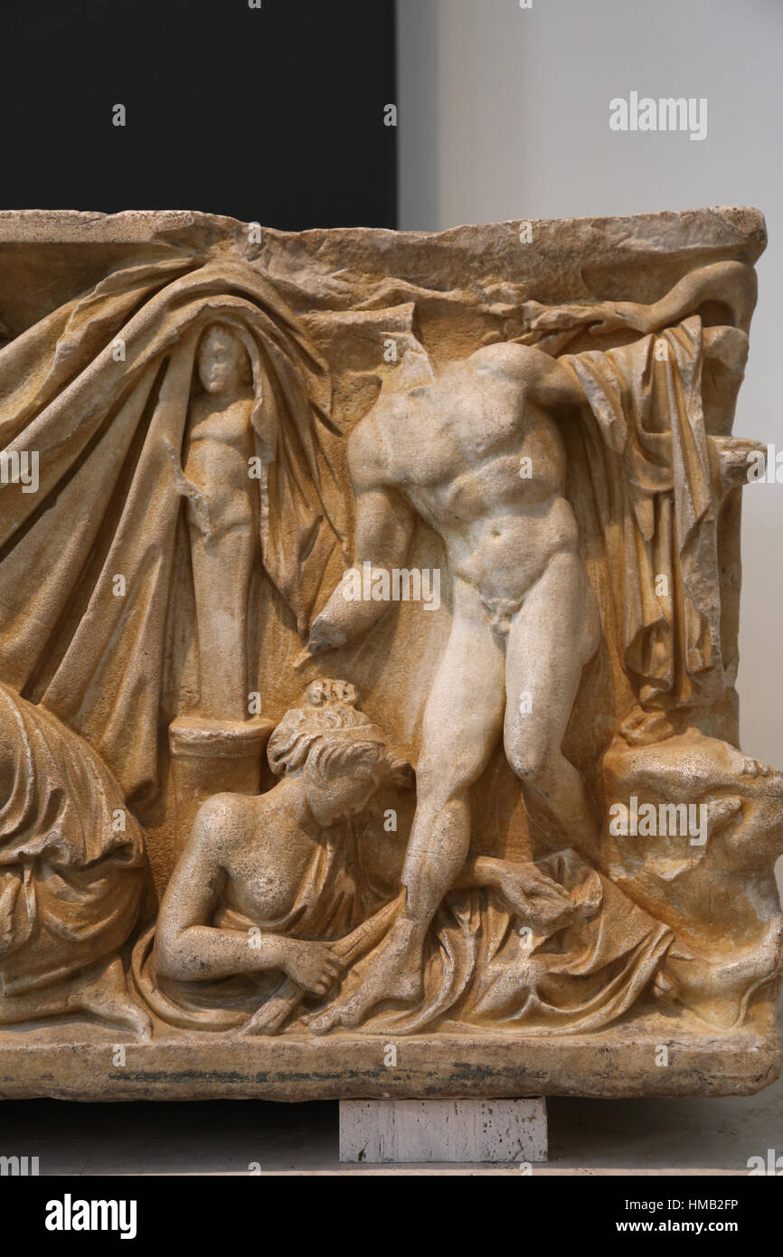 Sarcophagus of the Oresteia. Marble. 2nd century. Husillos (Palencia). Tragic myth of revenge of Orestes. Orestes being purified in the temple of Apol Stock Photo