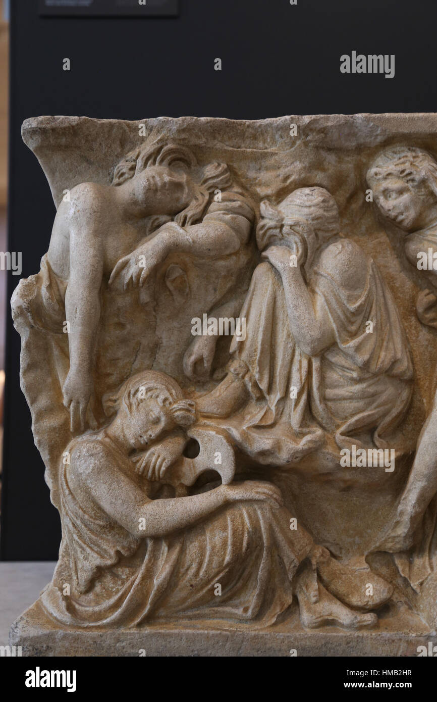 Sarcophagus of the Oresteia. Marble. 2nd century. Husillos (Palencia). Tragic myth of revenge of Orestes. Three Furies sleeping in the tomb of Agamemn Stock Photo