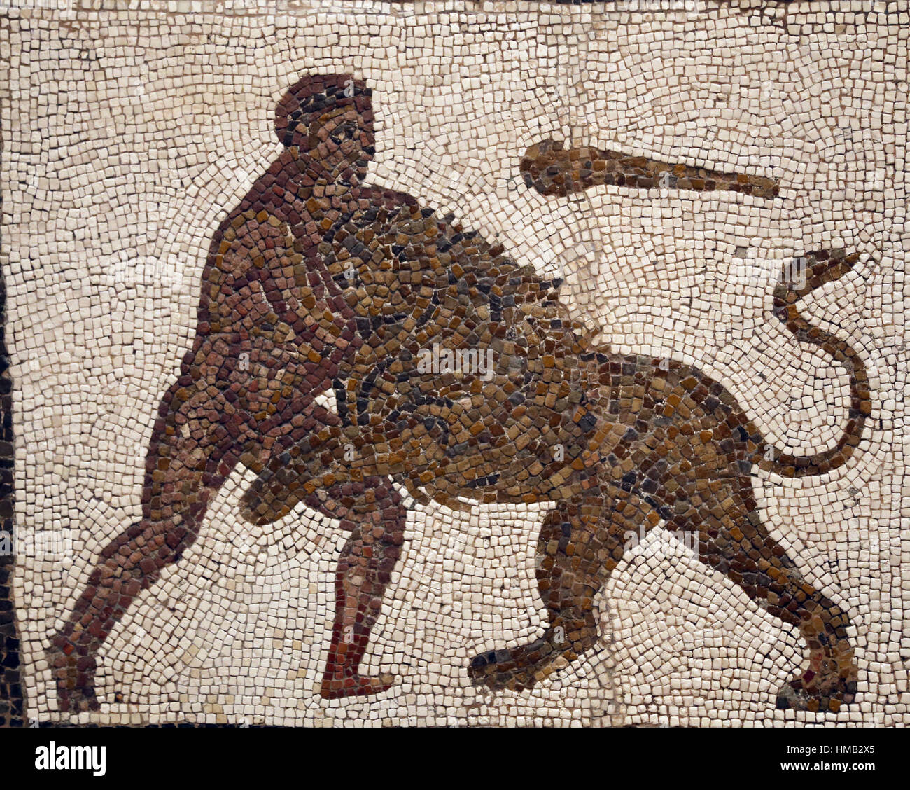 Roman mosaic with the Labours of Hercules. First Labour. Nemean lion. Limestone. 3rd century. Liria (Valencia). National Archaeological Museum, Madrid Stock Photo