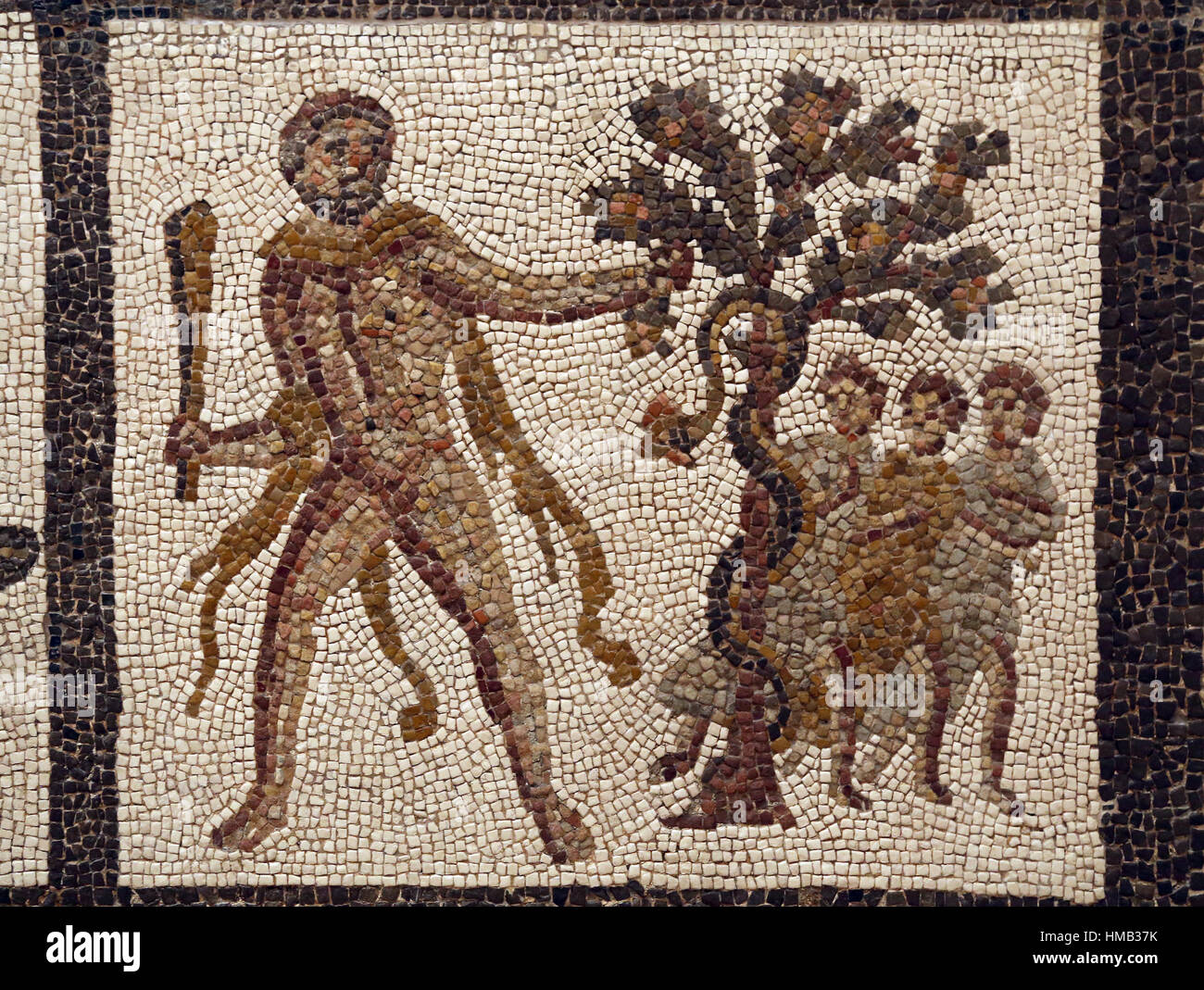 Roman mosaic. The Labours of Hercules. Hercules stealing the golden apples from the Graden of the Hesperides. 3th century. Liria, Spain. National Arch Stock Photo