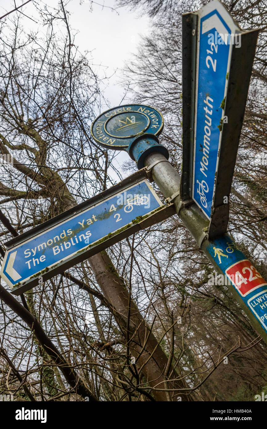Direction and information signs at the fishery car park for Hadnock Halt trail, Forest of Dean. Stock Photo