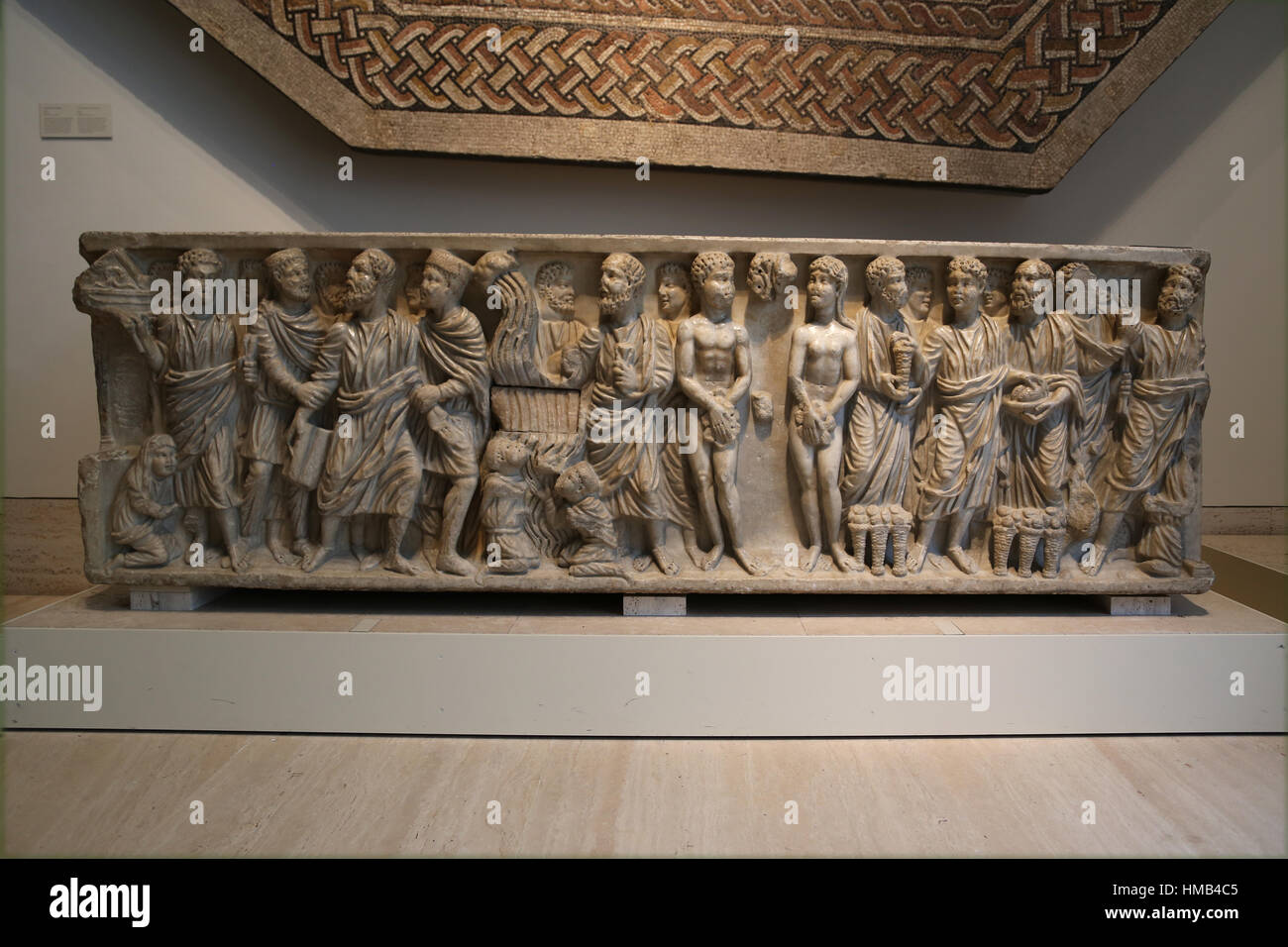 Sarcophagus from Astorga. Marble. Circa 310. Early Christianity. Decorated with scenes of New and Old Testament. Spain. National Archaeological Museum Stock Photo