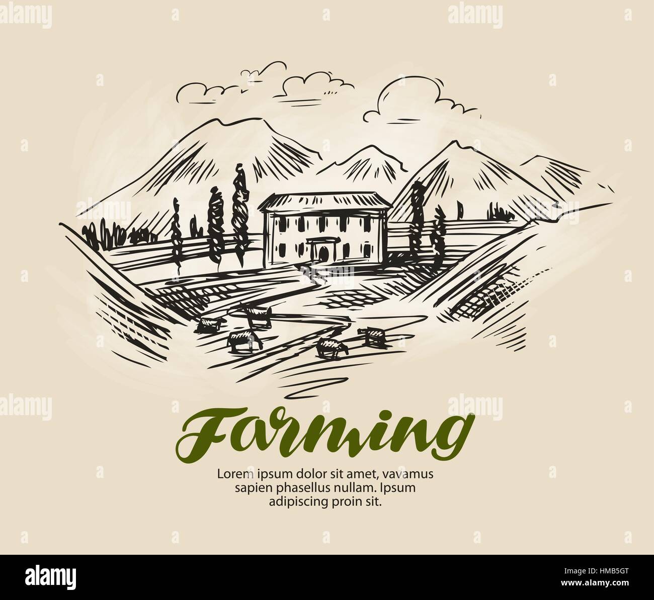 Farm sketch. Farming, agriculture vector illustration Stock Vector
