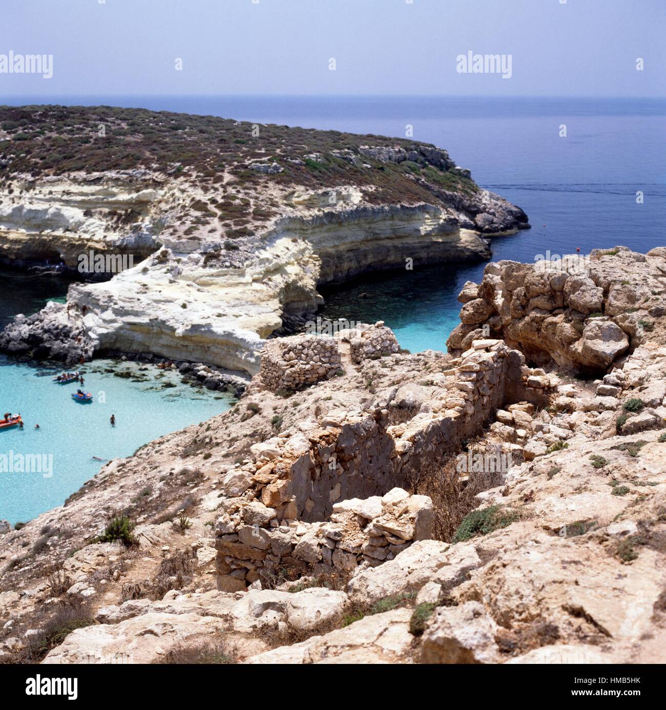 The ruins of a stone building on Lampedusa island near Rabbits island ...