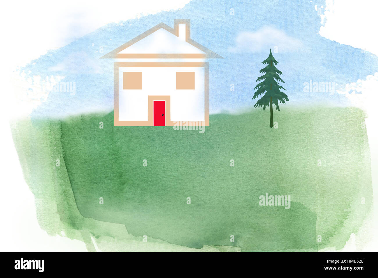 An illustration of a house. Wording supplied by you. Conceptual, home ownership, real estate, housing market, home buying. Watercolor texture used. Stock Photo