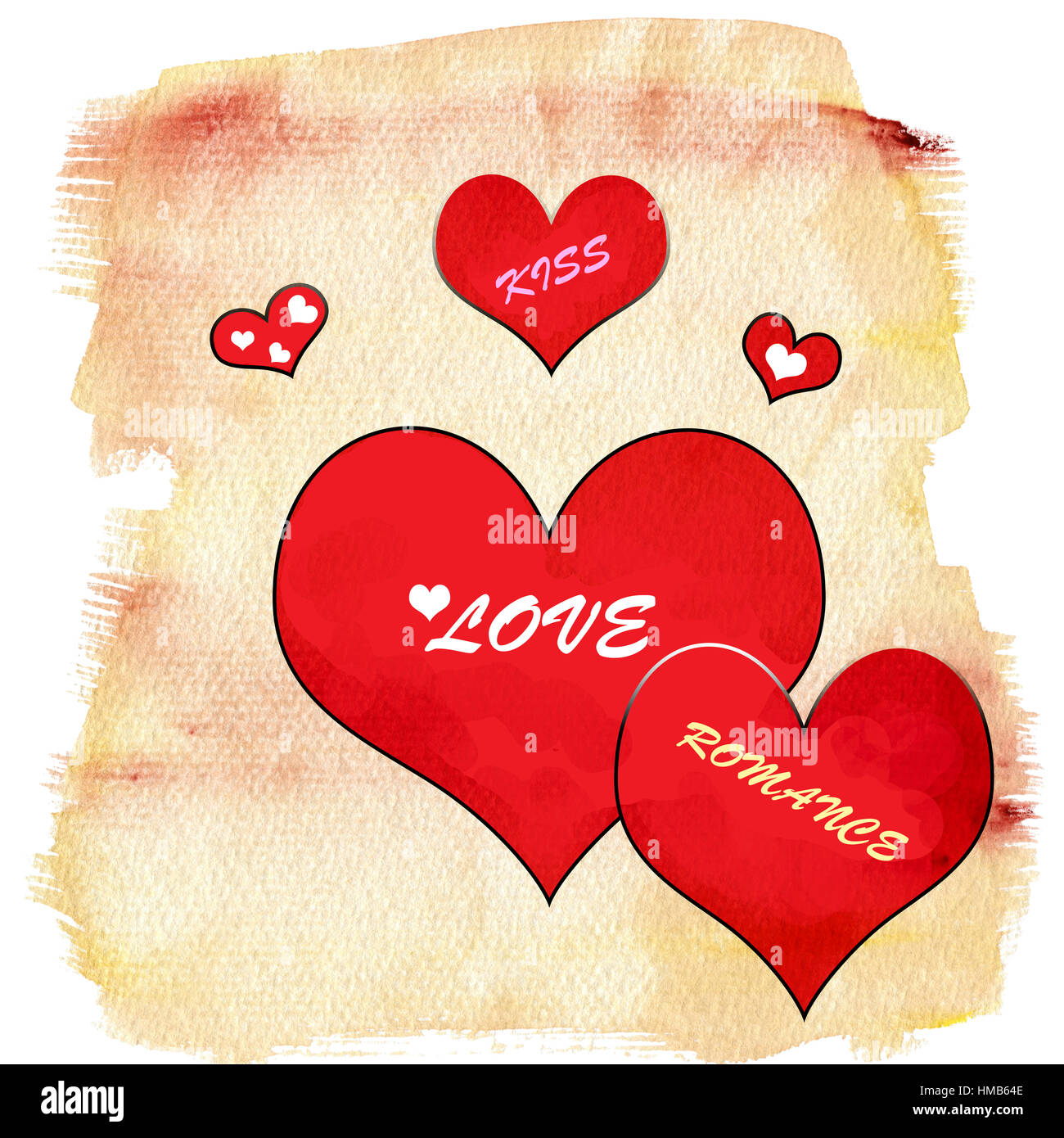 Illustration of Valentine hearts featuring love, romance, and kiss. With a textured background. Stock Photo
