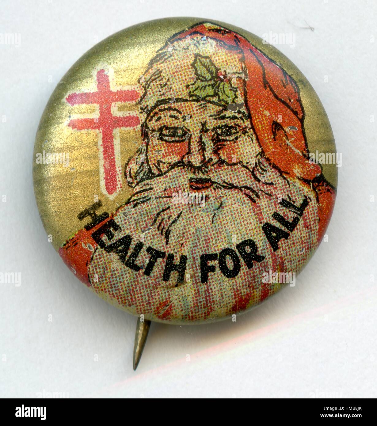 Pinback button featuring an image of Santa Claus and a twobarred cross