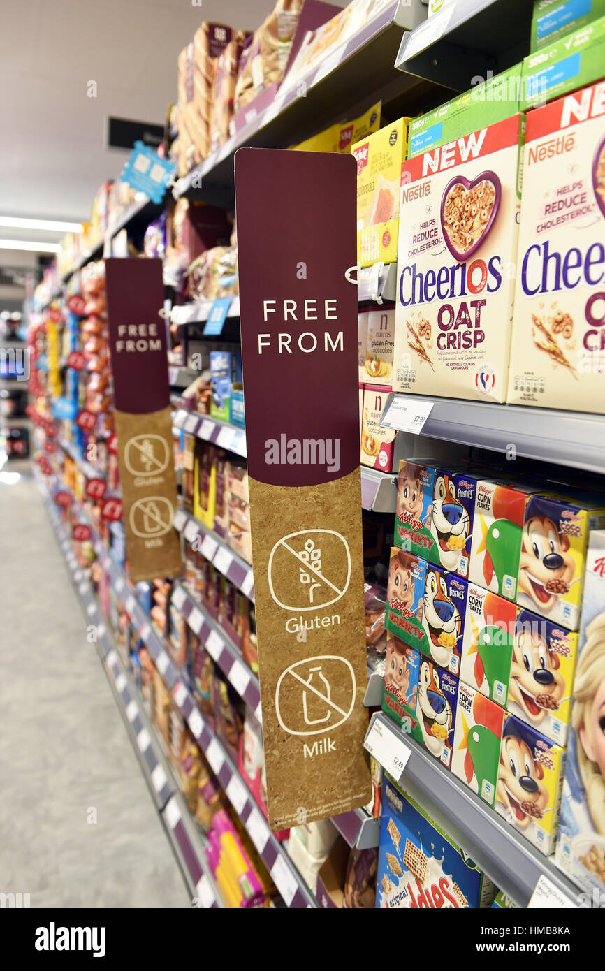 Free From cereal range display in a supermarket UK Stock Photo